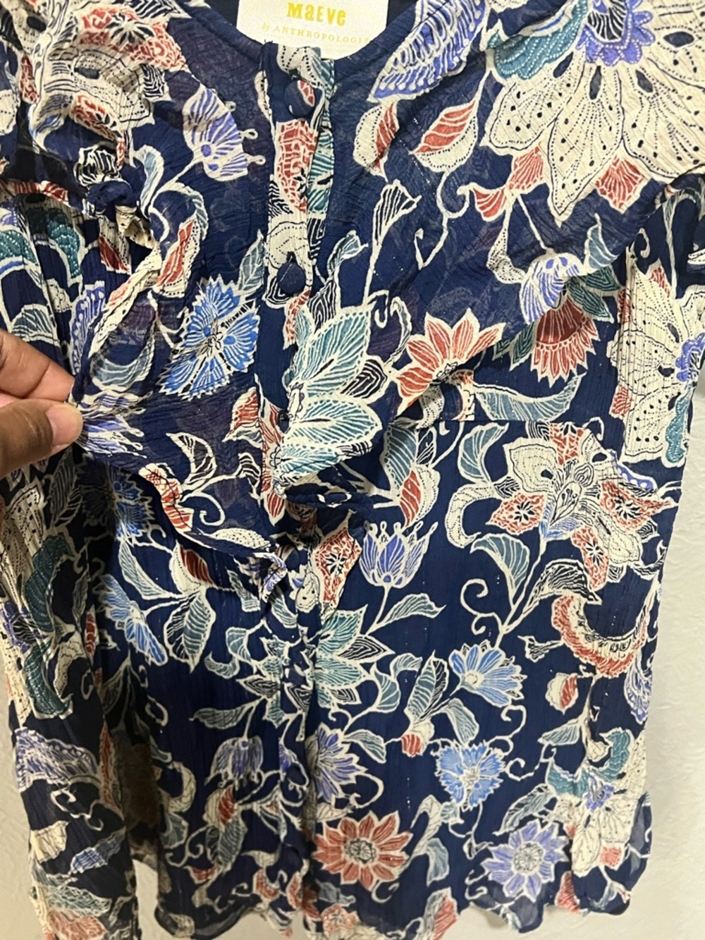 Maeve Navy Floral Ruffle-Trim Spaghetti-Strap Off Shoulder Top Size 10 EUC - Picture 2 of 5